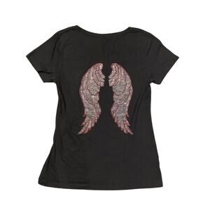 Y2K McBling Rhinestone Angel Wing Black Graphic Tee Large